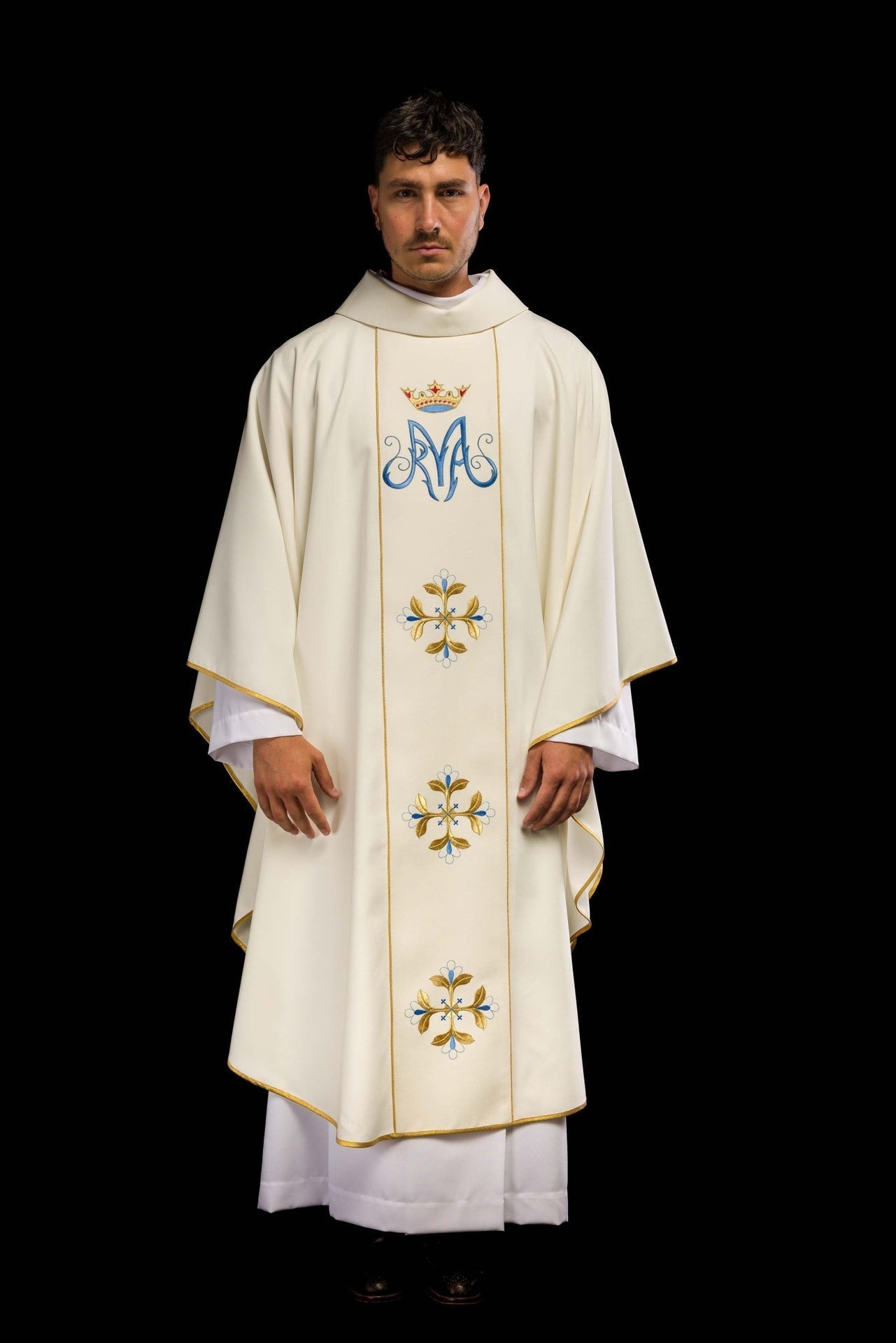 Maryjny Ornat Liturgiczny z Haftem Lilli i Złotą Lamówką - alba.pl