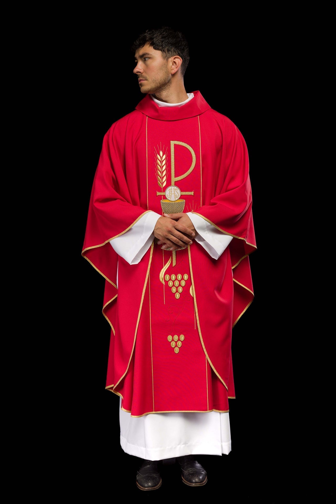 Ornat Czerwony Haftowany Kielich IHS - Elegancki Strój Liturgiczny - alba.pl