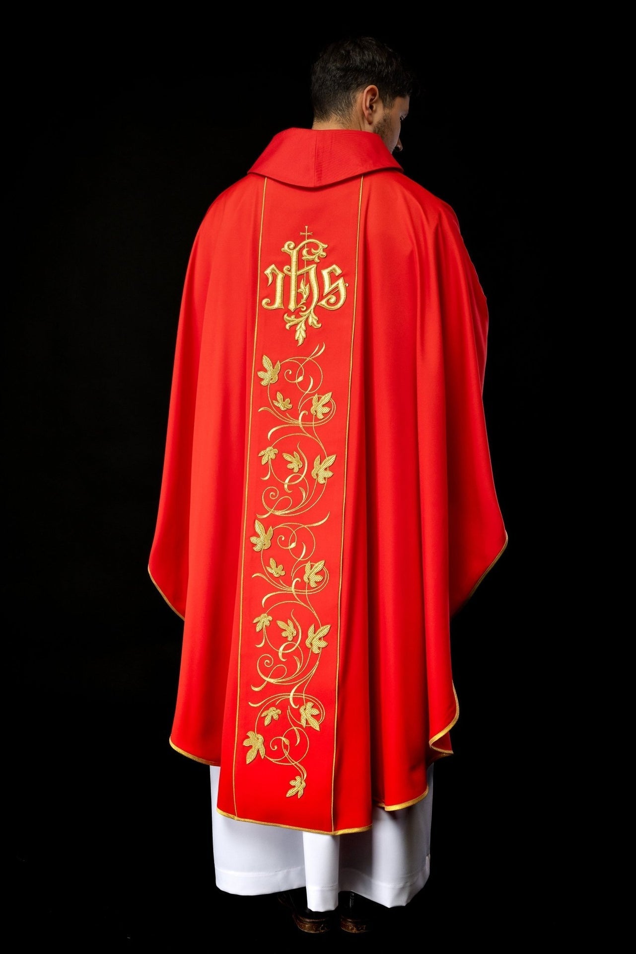 Ornat Czerwony Liturgiczny z Haftem Florystycznym IHS - alba.pl