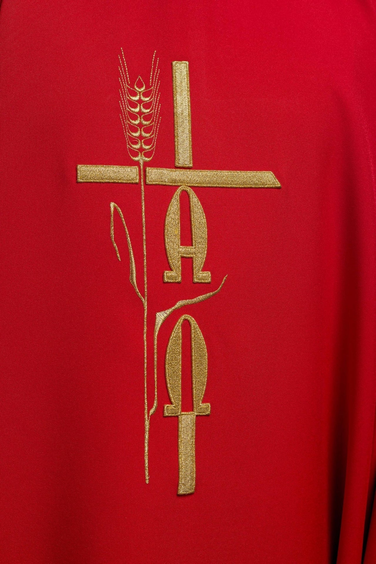 Ornat Czerwony z Haftem Alfa Omega Symbol Eucharystyczny - alba.pl