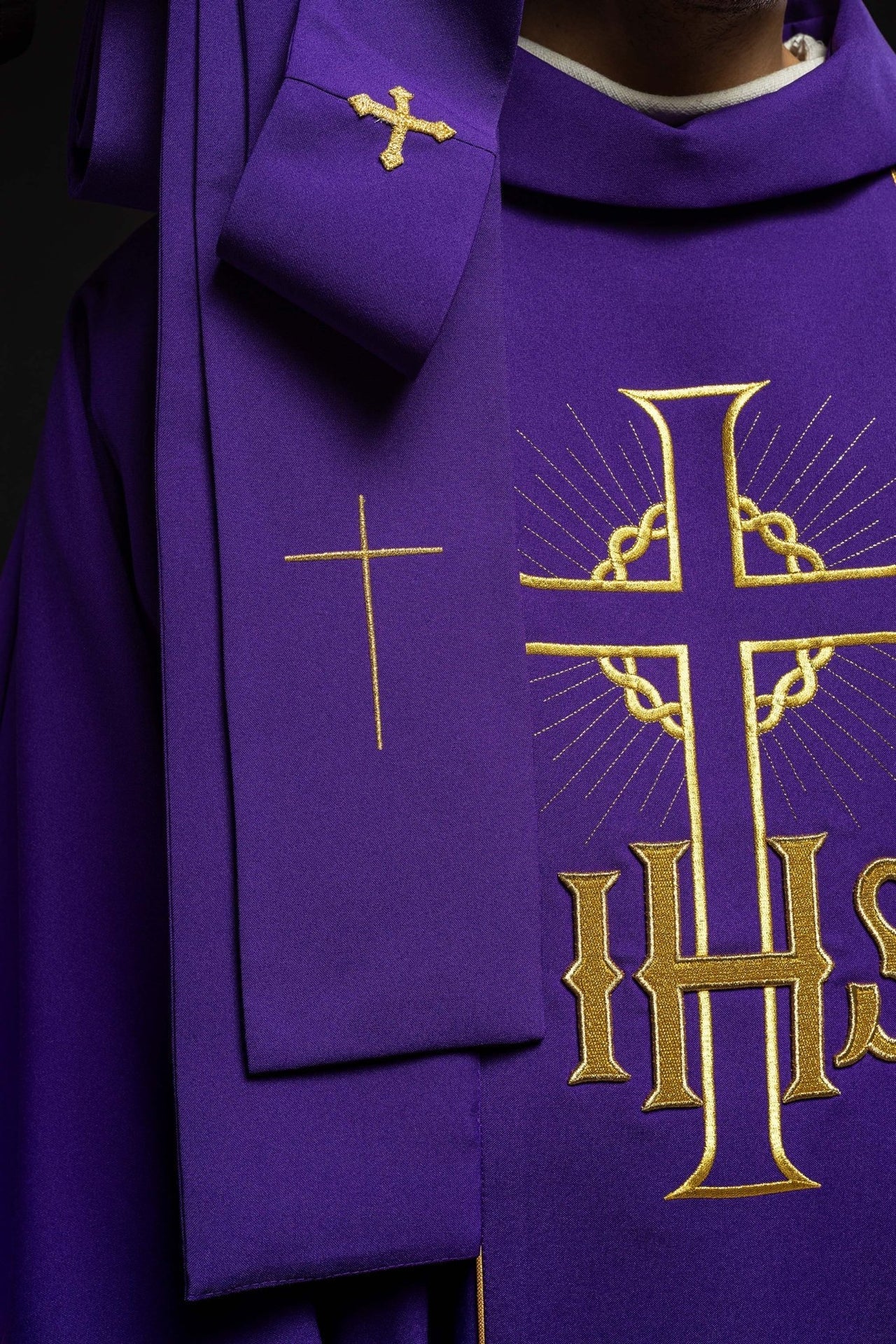 Ornat Fioletowy IHS Kłosy Złoty Pas Liturgiczny - alba.pl