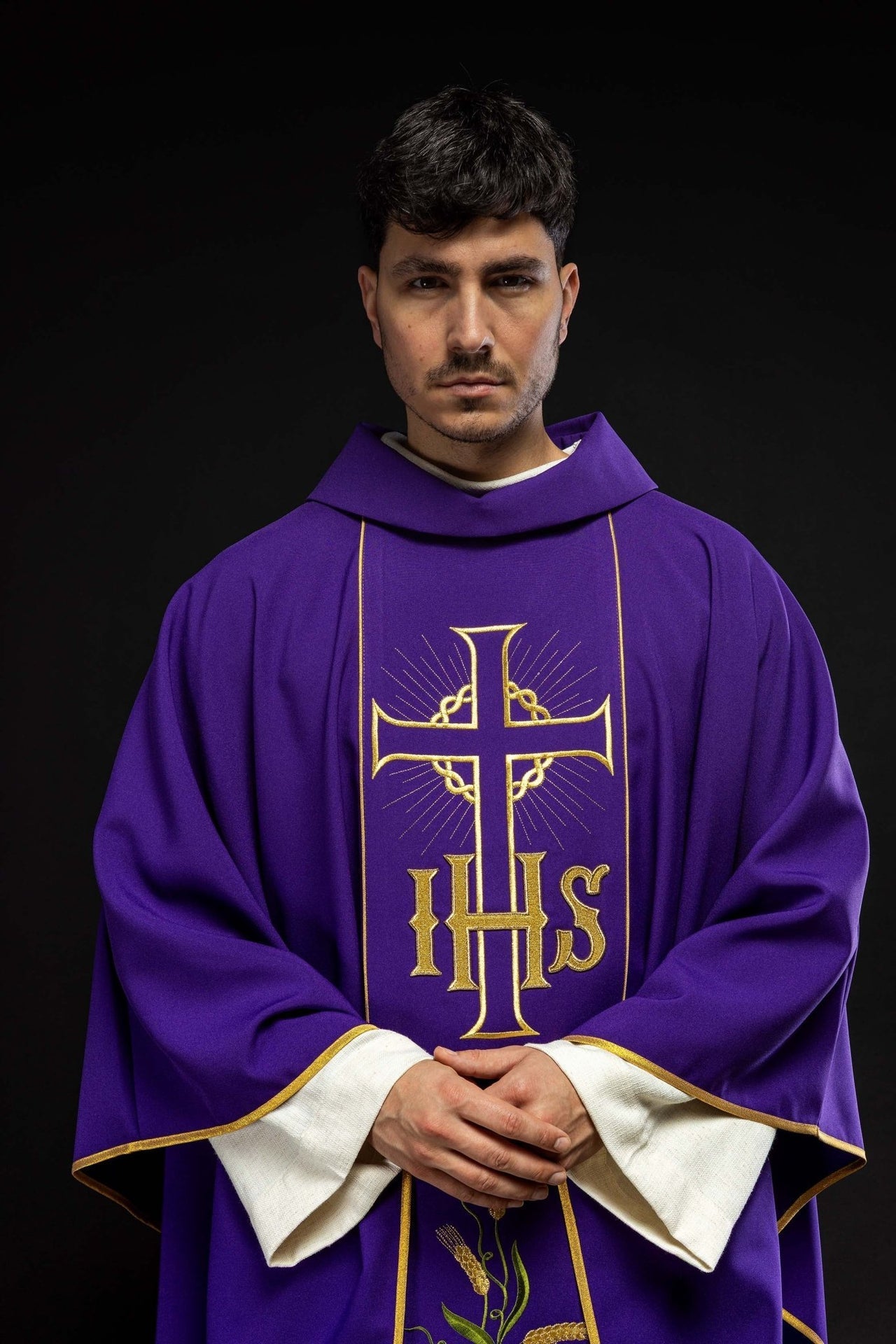 Ornat Fioletowy IHS Kłosy Złoty Pas Liturgiczny - alba.pl