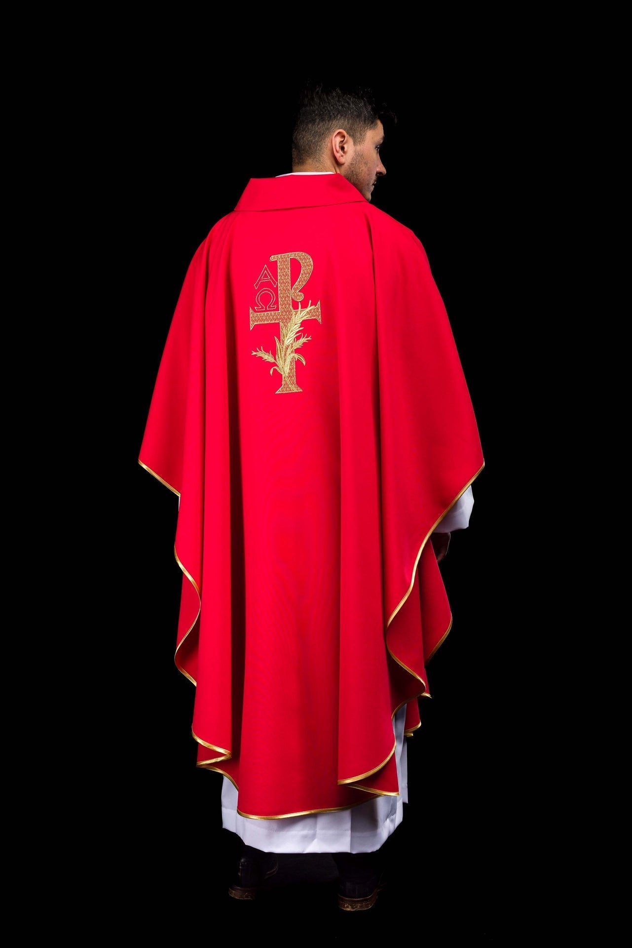 Ornat Liturgiczny Czerwony Alfa i Omega Szeroki Kołnierz - alba.pl