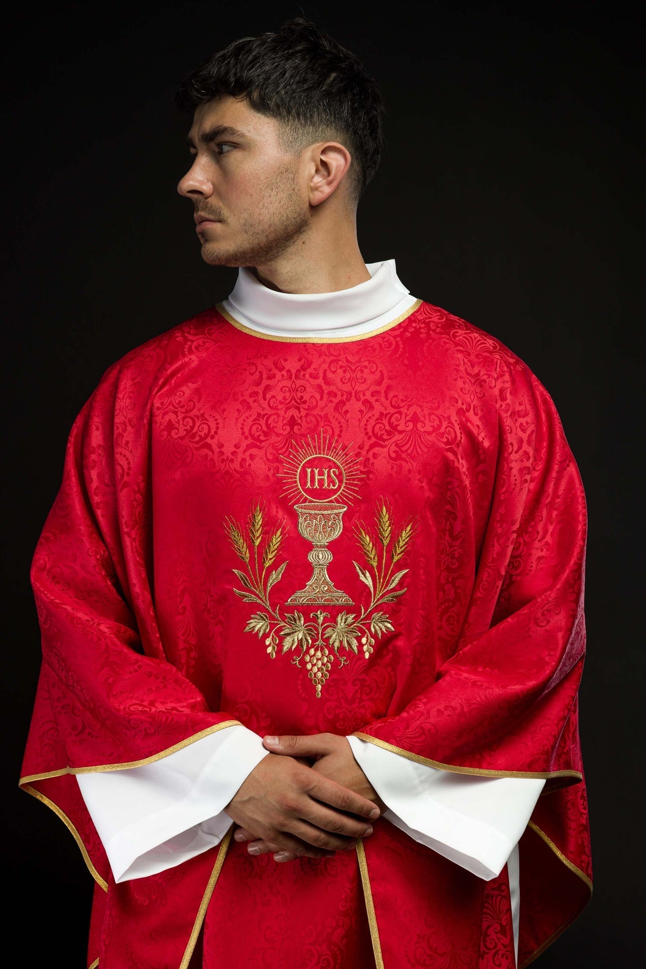 Ornat Liturgiczny Czerwony z Kielichem i Hostią Żakardowy - alba.pl