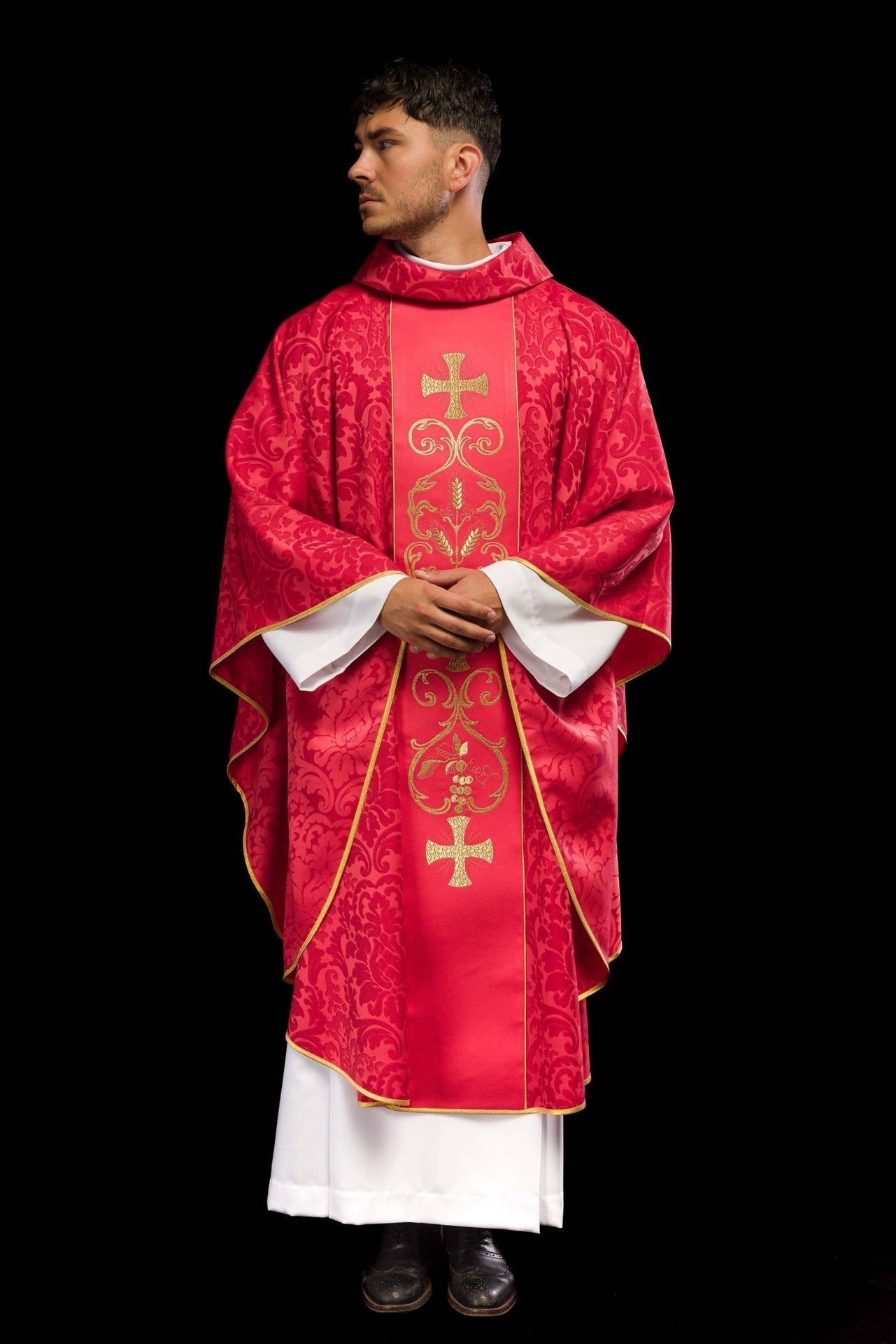Ornat Liturgiczny Czerwony Żakardowy z Haftowanym Pasem - alba.pl