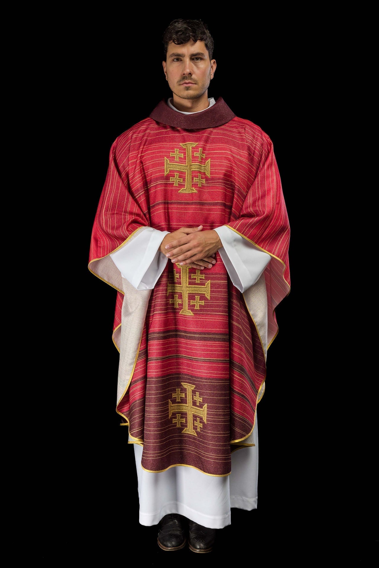 Ornat Liturgiczny Drukowany Krzyż Jerozolimski Czerwony z Stułą - alba.pl