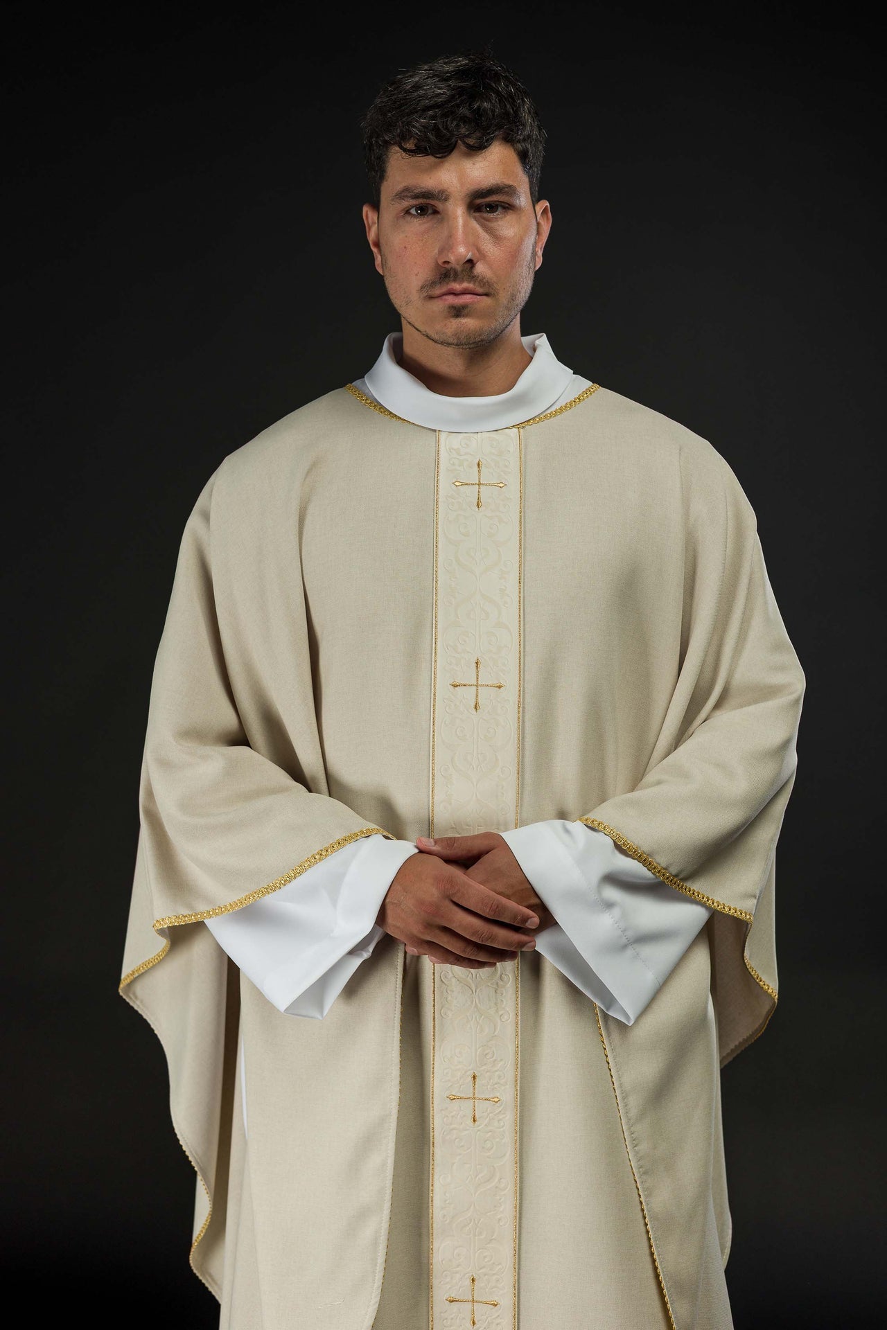 Ornat Liturgiczny Ecru Złote Krzyże, Stuła w Zestawie - alba.pl