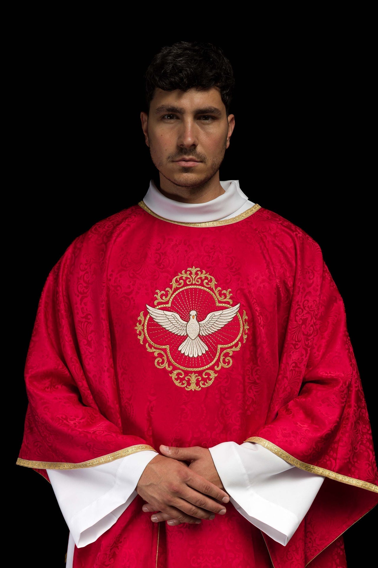 Ornat Liturgiczny z Duchem Świętym Żakardowy Ecru/Czerwony - alba.pl