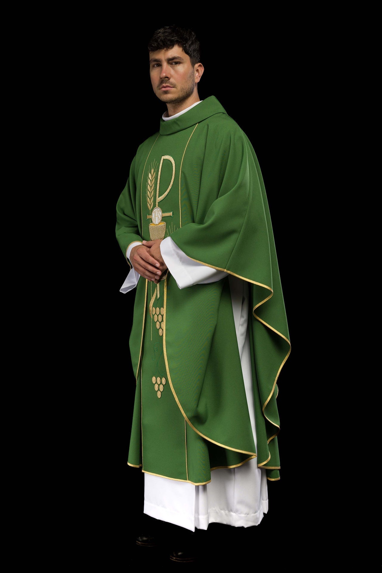 Ornat Liturgiczny Zielony Haftowany Kielich IHS - Elegancki Wzór - alba.pl