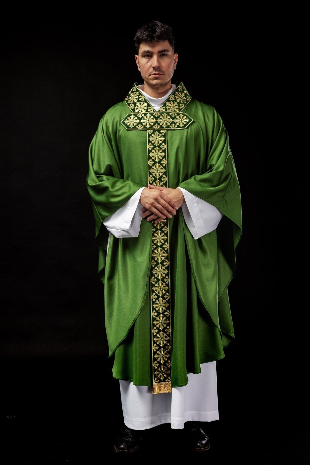 Ornat Liturgiczny Zielony z Haftem Eucharystycznym Złotą Nicią - alba.pl