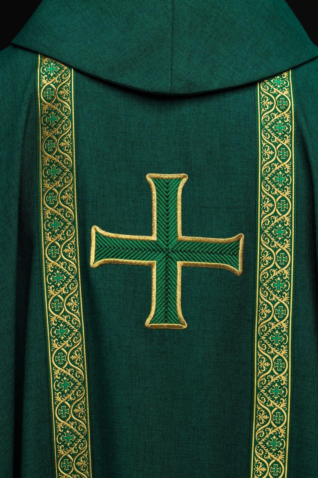 Ornat liturgiczny zielony z haftowanym krzyżem i taśmami żakardowymi - alba.pl