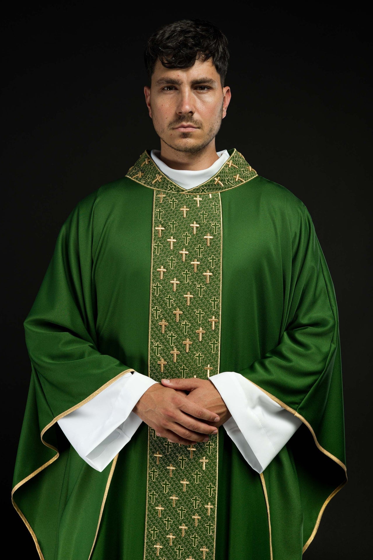 Ornat Liturgiczny Zielony z Haftowanym Pasem Krzyże - Elegancki - alba.pl