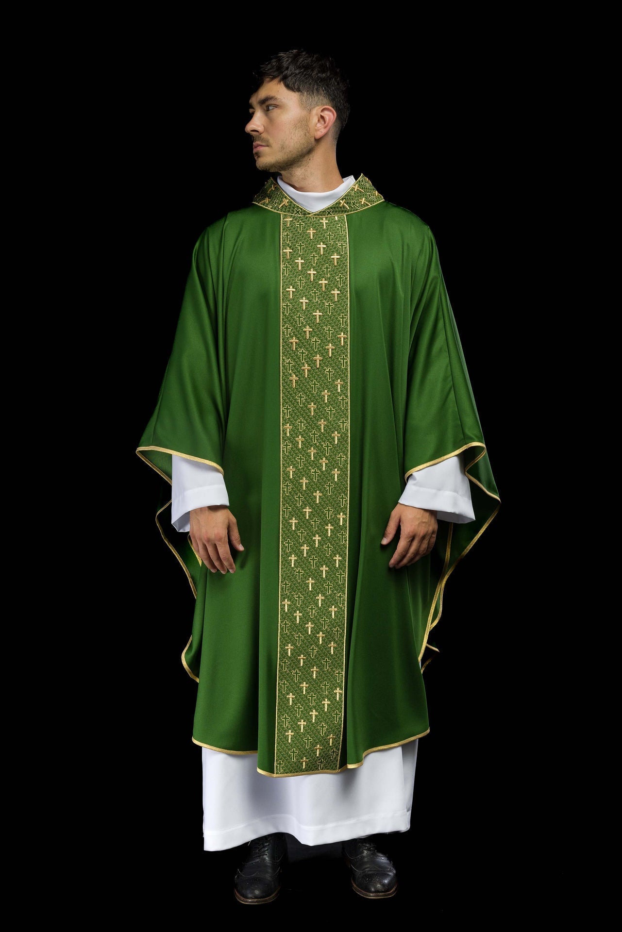 Ornat Liturgiczny Zielony z Haftowanym Pasem Krzyże - Elegancki - alba.pl