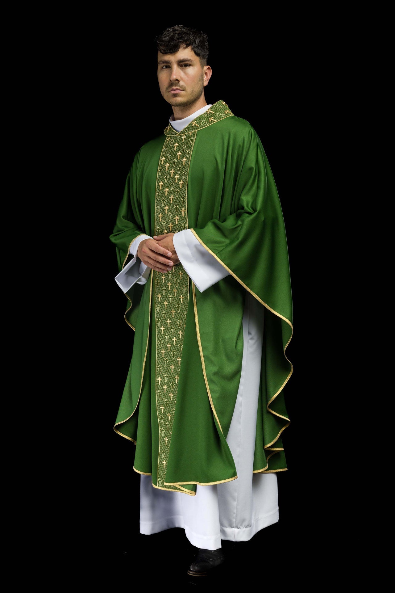 Ornat Liturgiczny Zielony z Haftowanym Pasem Krzyże - Elegancki - alba.pl