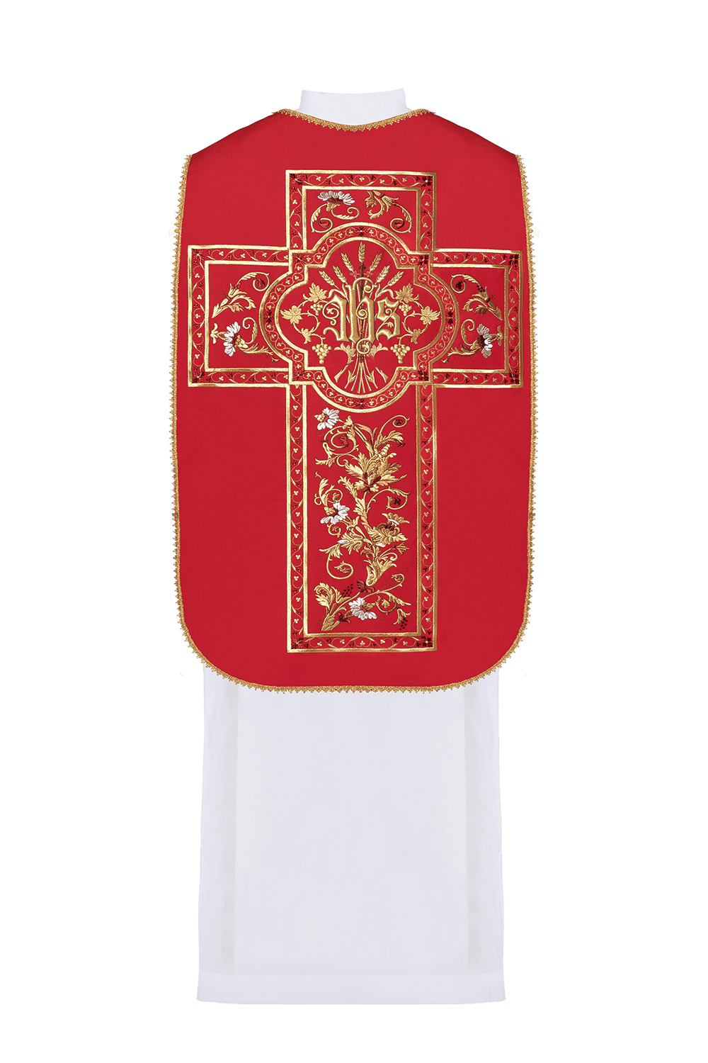 Ornat Rzymski Czerwony Haftowany IHS - Elegancka Szata Liturgiczna - alba.pl