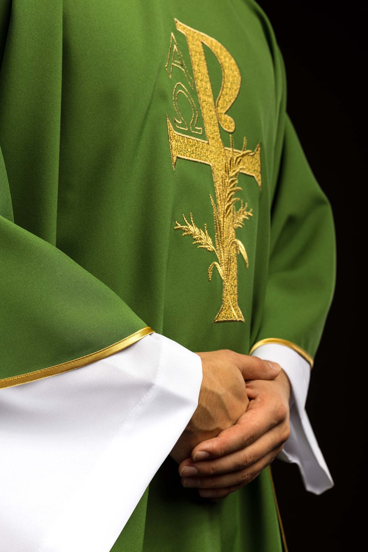 Ornat Zielony Alfa i Omega z Szerokim Kołnierzem Liturgiczny - alba.pl