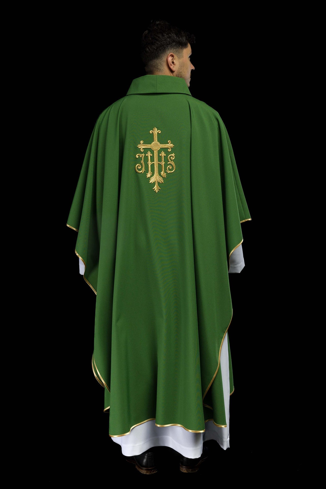 Ornat Zielony Liturgiczny z Haftem JHS i Złotą Lamówką - alba.pl