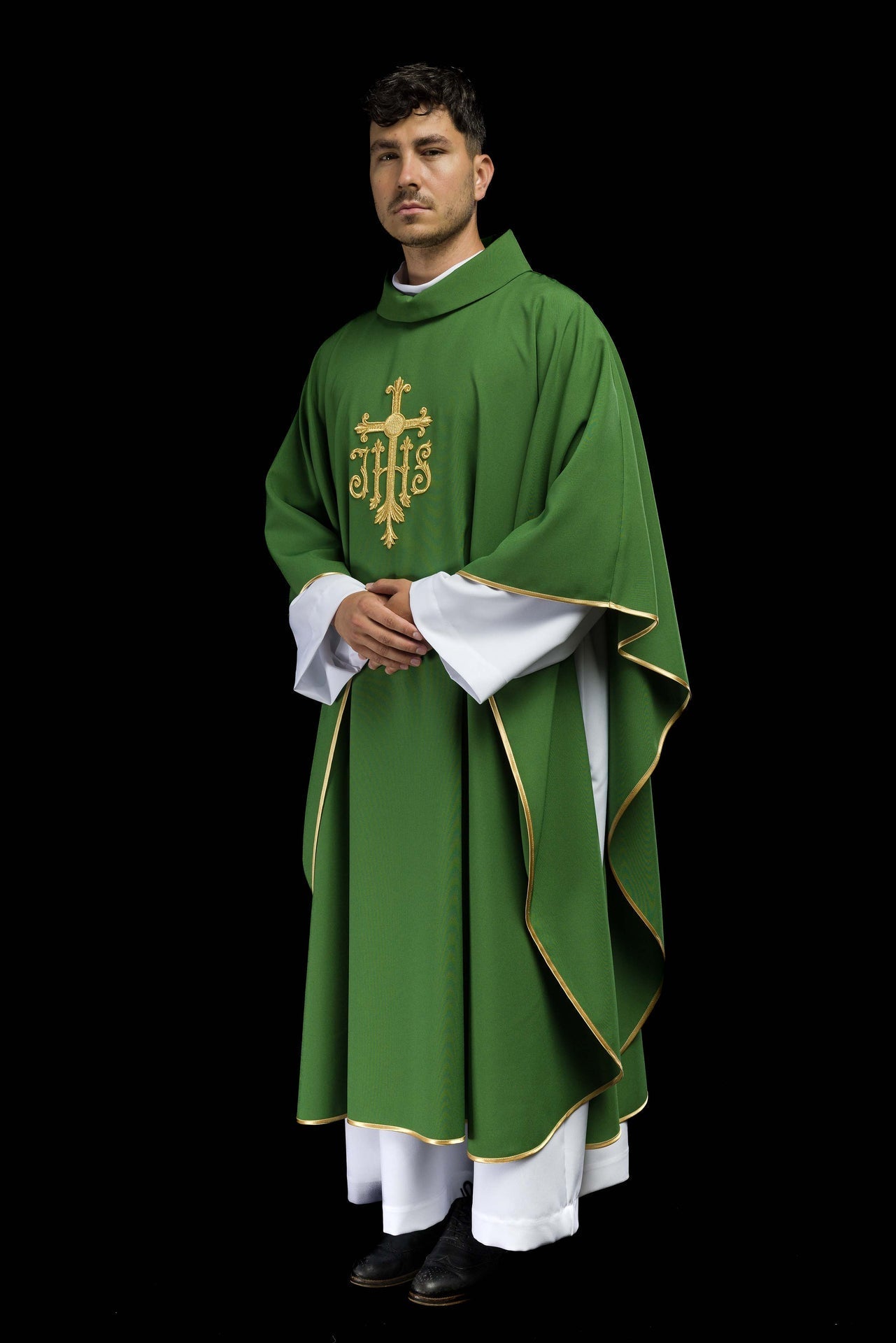 Ornat Zielony Liturgiczny z Haftem JHS i Złotą Lamówką - alba.pl