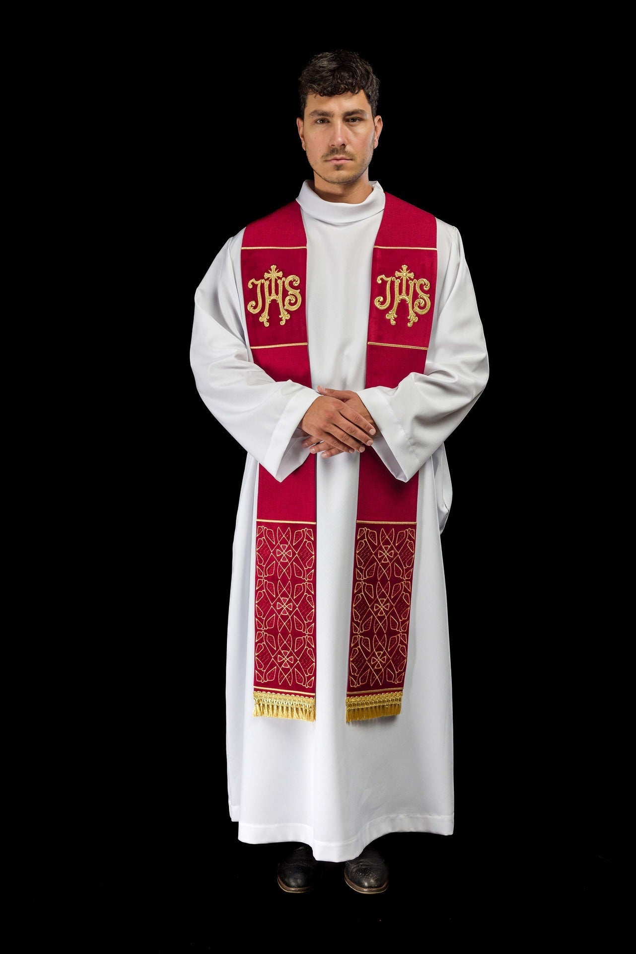 Stuła Aksamitna Haftowana IHS Czerwona Liturgiczna - alba.pl