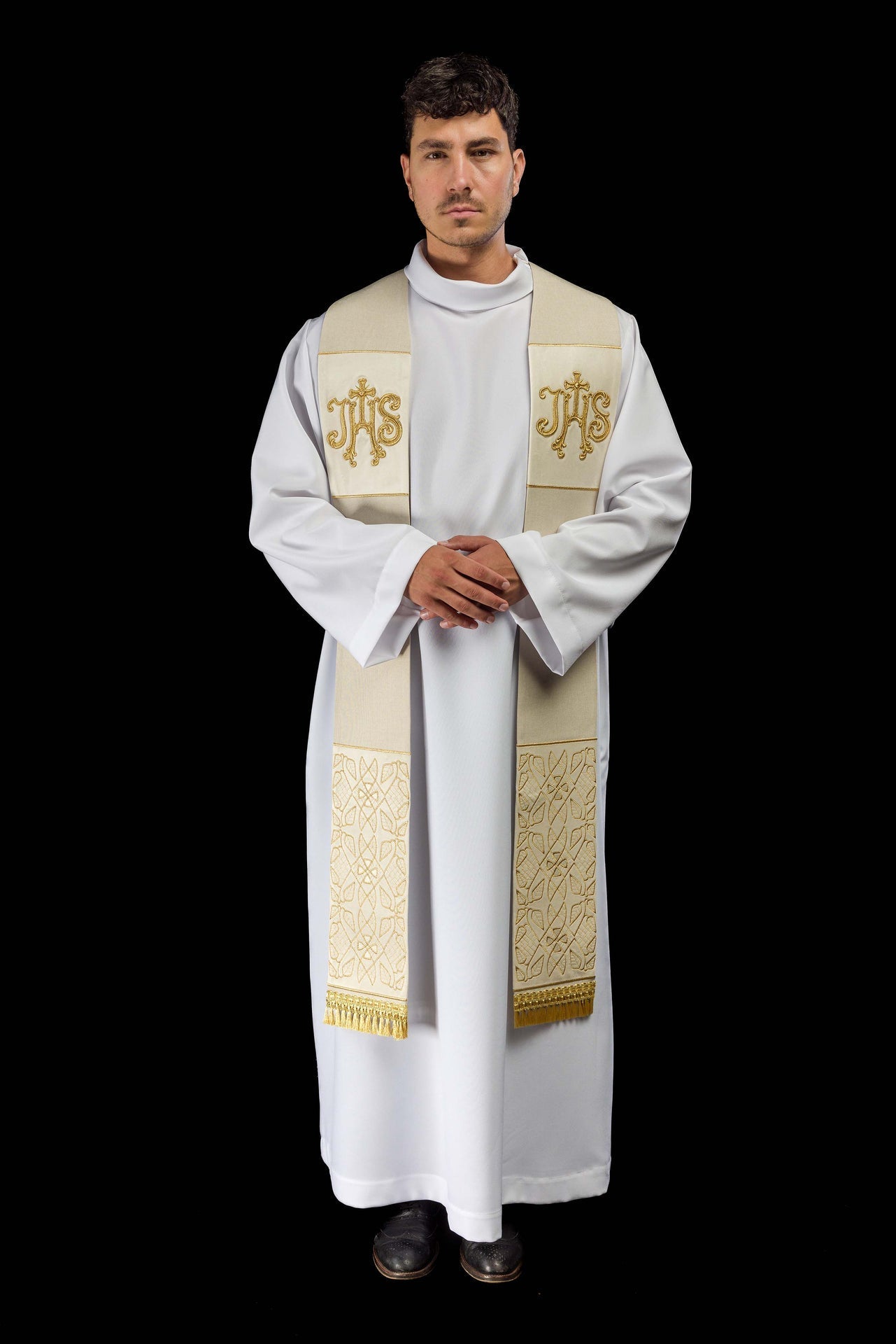 Stuła Aksamitna Haftowana IHS Ecru - Elegancka Liturgia - alba.pl
