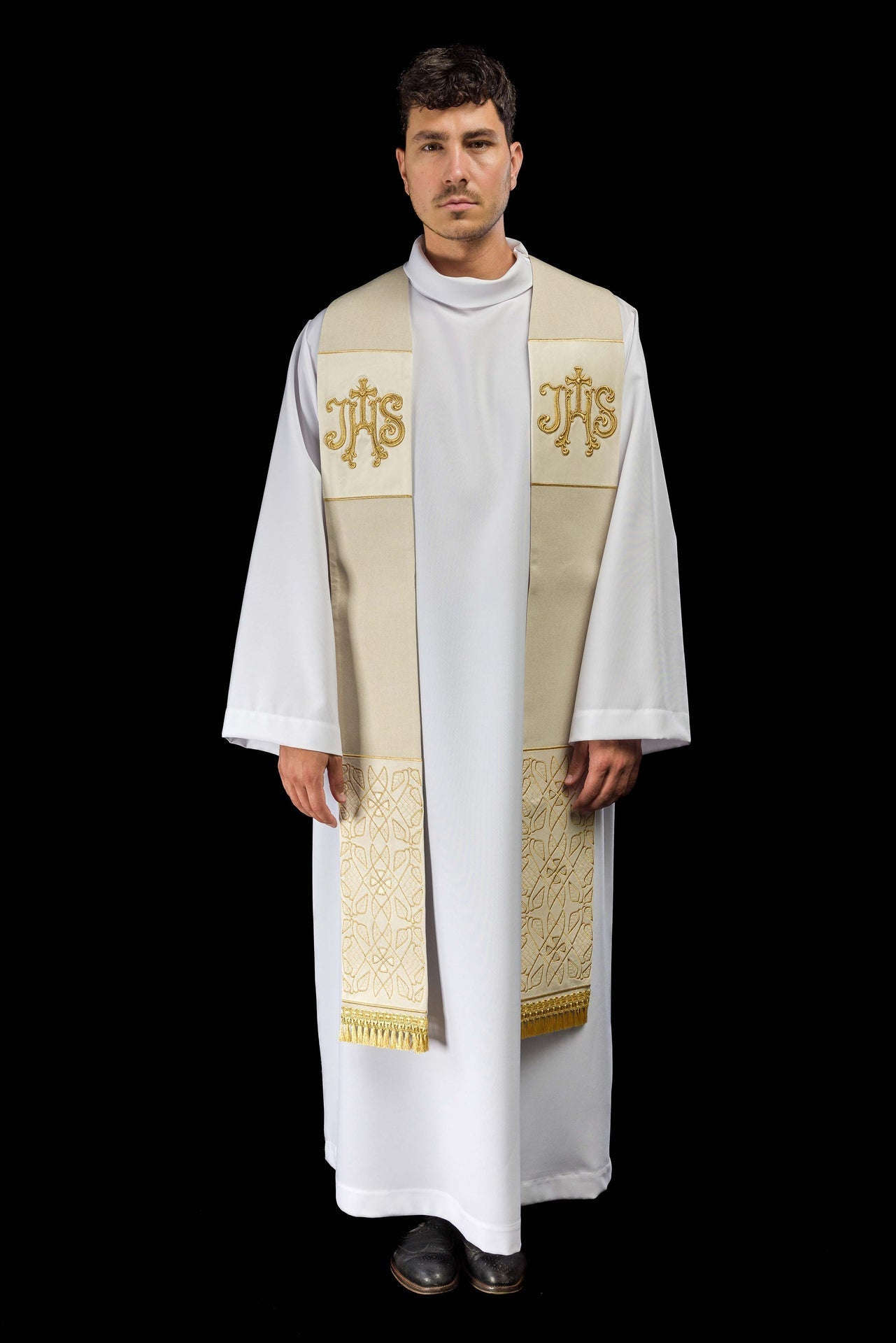Stuła Aksamitna Haftowana IHS Ecru - Elegancka Liturgia - alba.pl