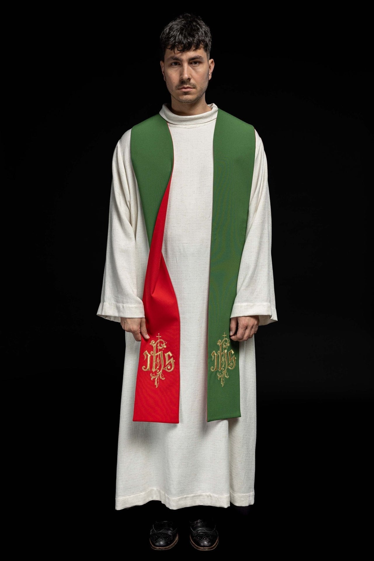 Stuła Dwustronna IHS Haftowana Zielono-Czerwona Liturgiczna - alba.pl