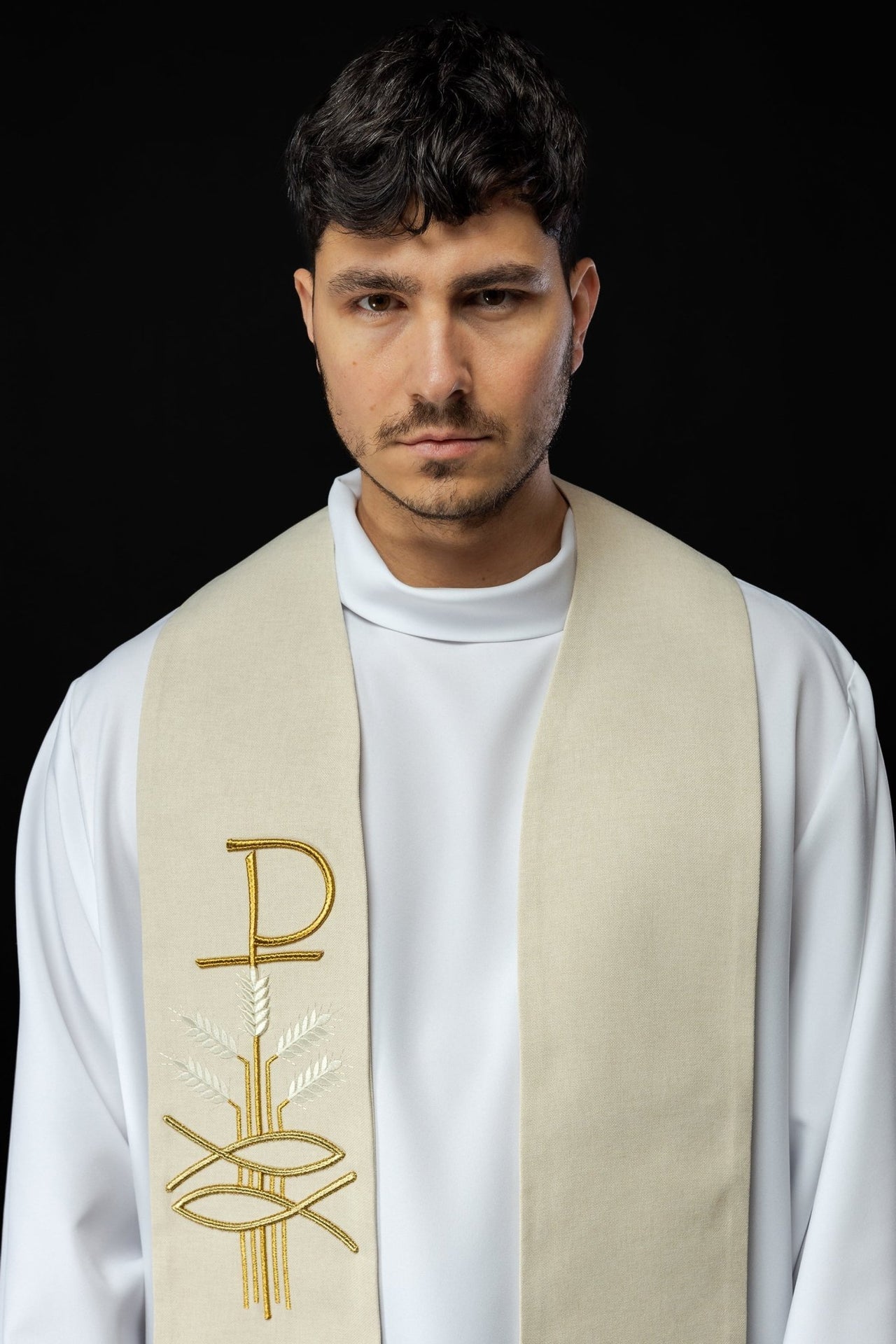 Stuła Haftowana Ecru Pax Ryba Kłos - Liturgiczna Elegancja - alba.pl