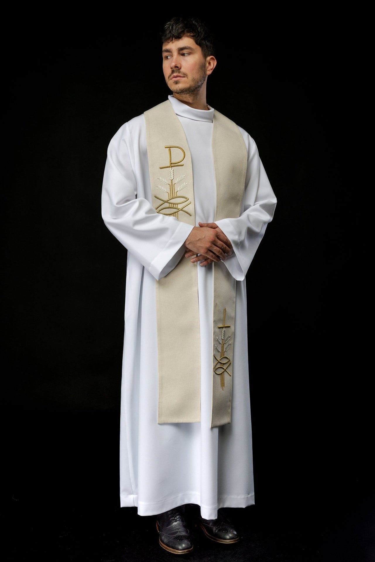 Stuła Haftowana Ecru Pax Ryba Kłos - Liturgiczna Elegancja - alba.pl