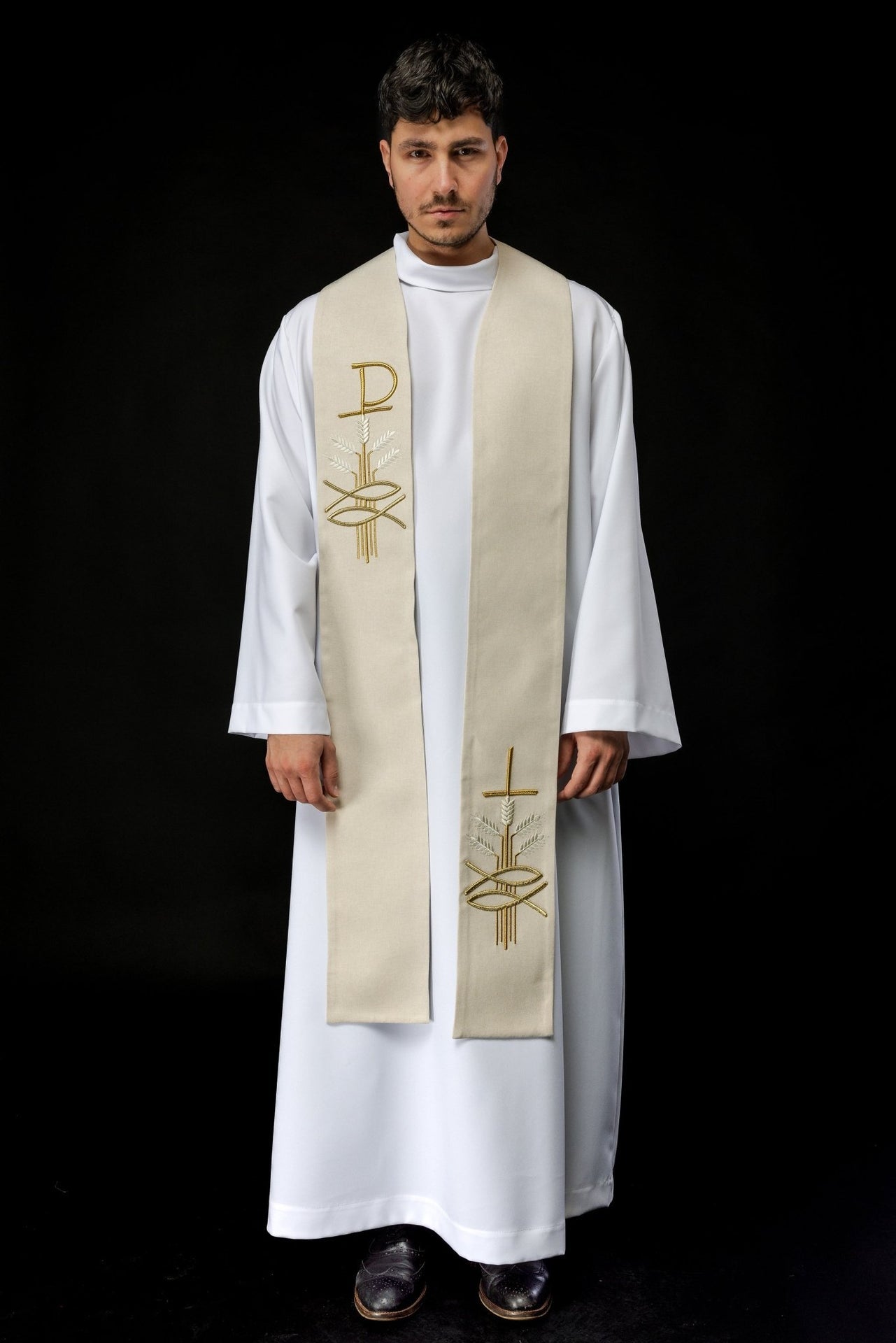 Stuła Haftowana Ecru Pax Ryba Kłos - Liturgiczna Elegancja - alba.pl