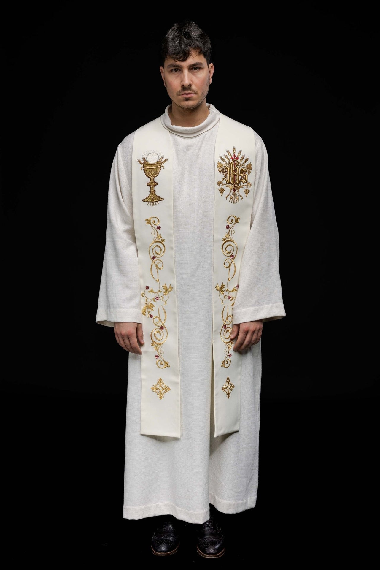 Stuła Haftowana IHS i Kielich Ecru - Liturgiczna Elegancja - alba.pl