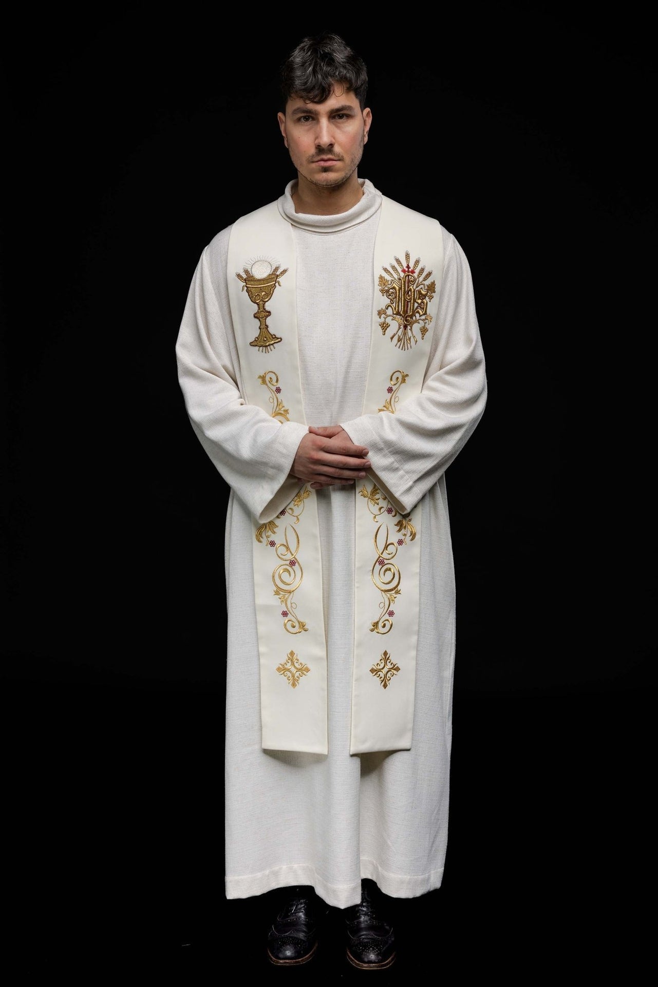 Stuła Haftowana IHS i Kielich Ecru - Liturgiczna Elegancja - alba.pl