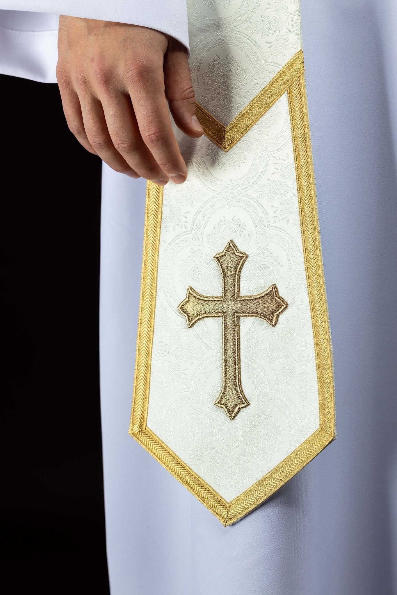 Stuła haftowana z motywem Krzyża ecru tkanina żakardowa - alba.pl