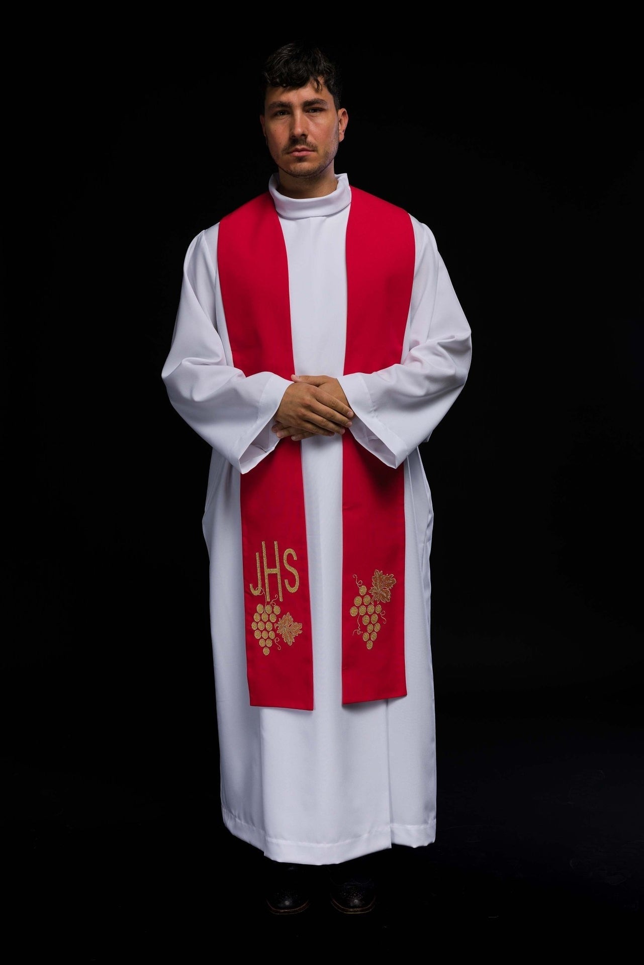 Stuła Kapłańska Czerwona Haft IHS Winogrona - Elegancka Liturgia - alba.pl