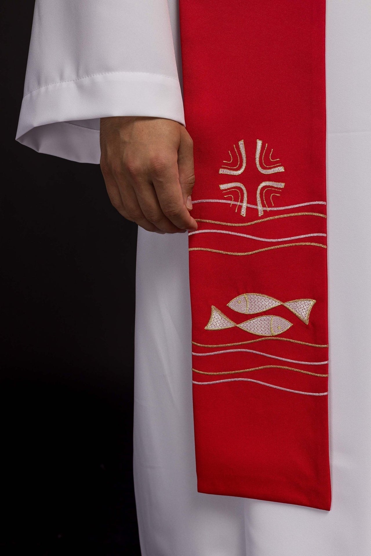 Stuła Kapłańska Czerwona Haftowana w Ryby - Elegancka Liturgiczna - alba.pl
