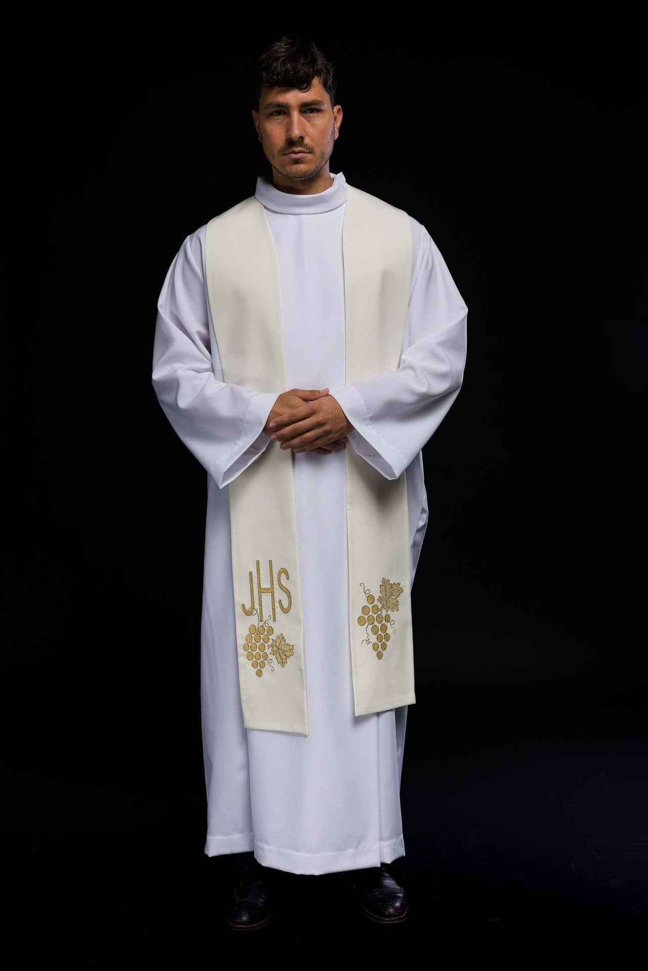 Stuła Kapłańska Ecru Haft IHS i Winogrona - Elegancka Liturgia - alba.pl