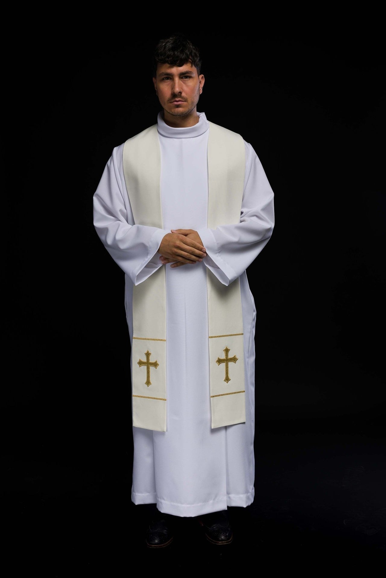 Stuła Kapłańska Ecru Haftowana Krzyżem - Elegancka Liturgia - alba.pl