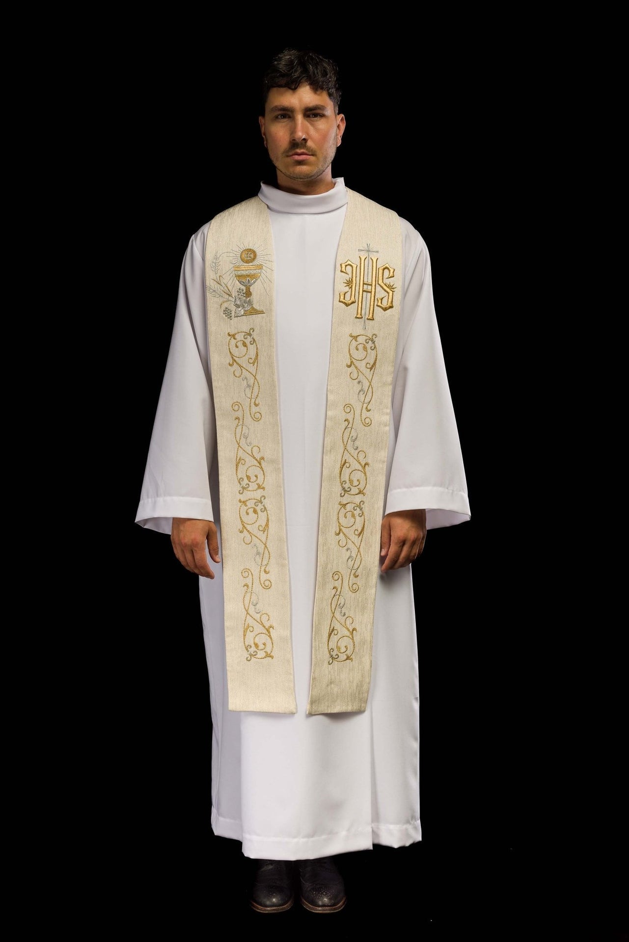 Stuła Kapłańska Ecru IHS Kielich Eucharystyczny Haft 3D - alba.pl