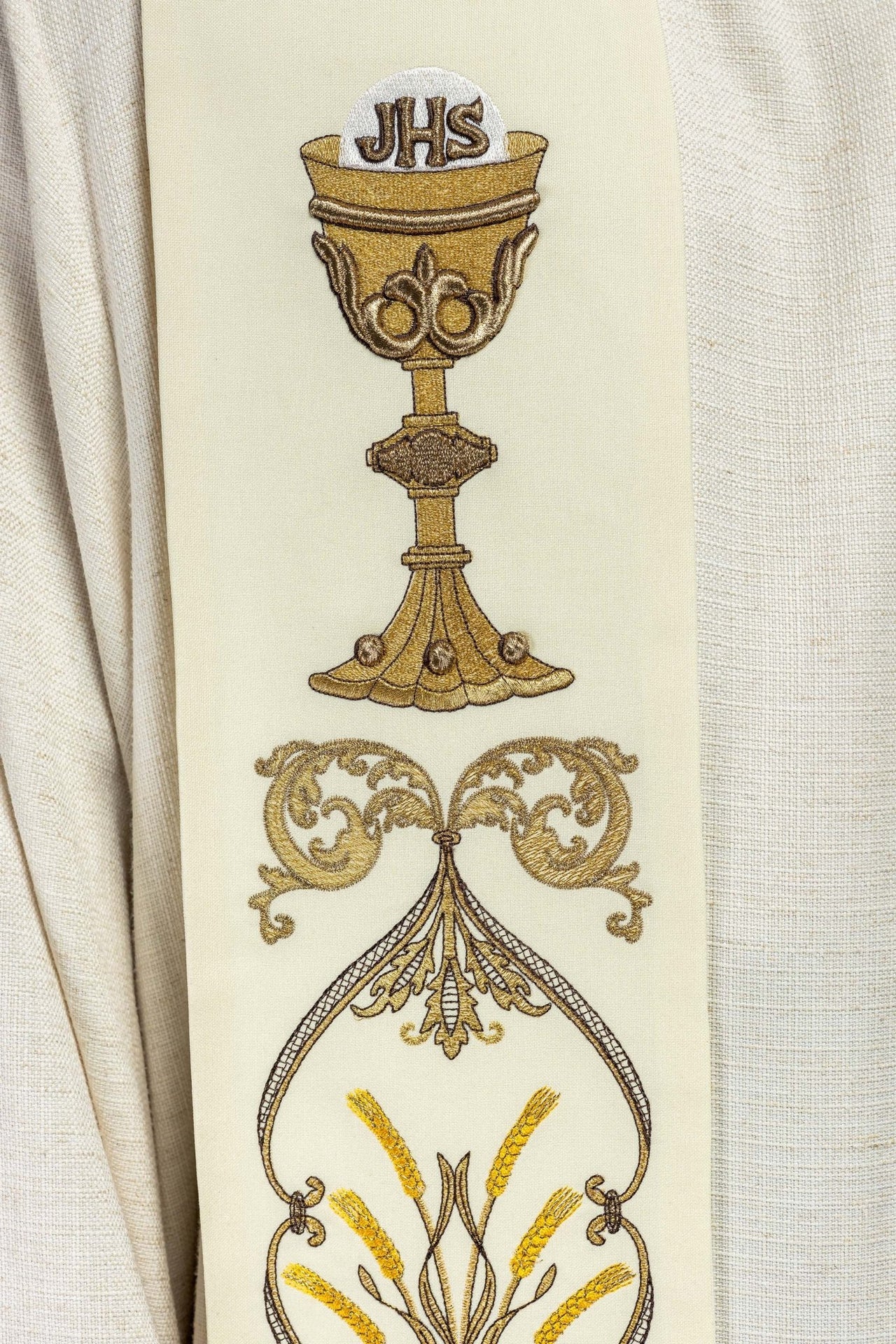 Stuła Kapłańska Ecru z Haftem IHS Kielich - Elegancka Liturgia - alba.pl