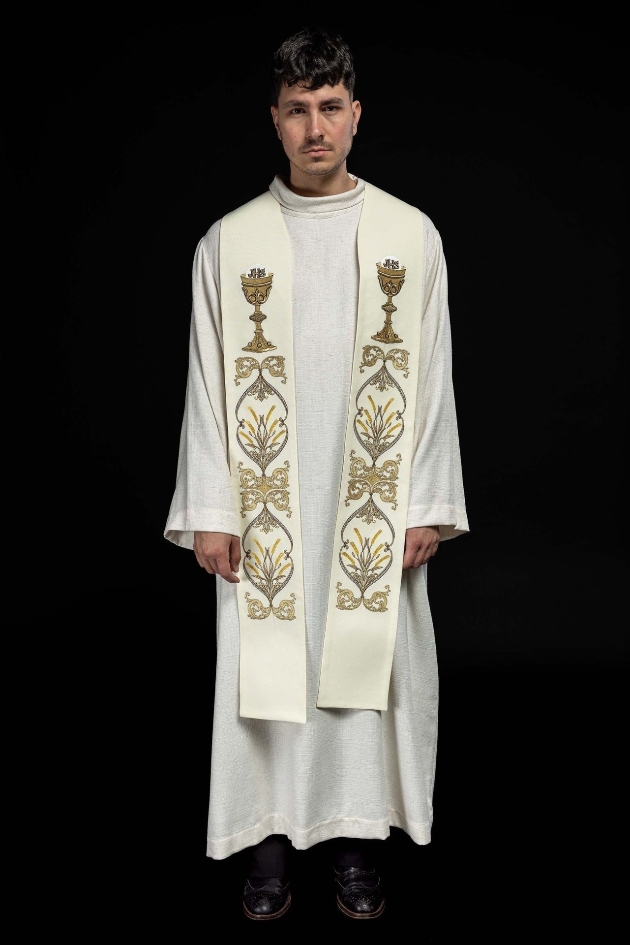 Stuła Kapłańska Ecru z Haftem IHS Kielich - Elegancka Liturgia - alba.pl