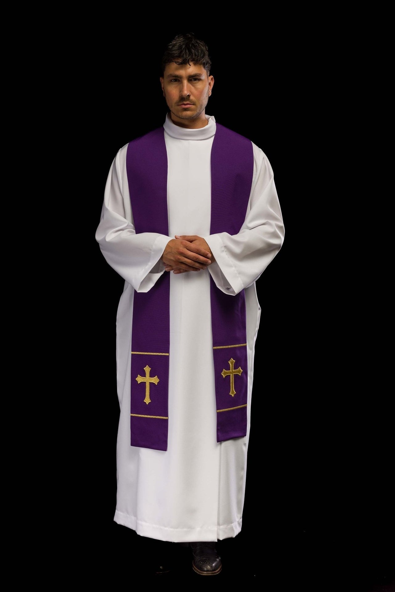 Stuła Kapłańska Fioletowa Haftowana Krzyżem - Elegancka Liturgia - alba.pl