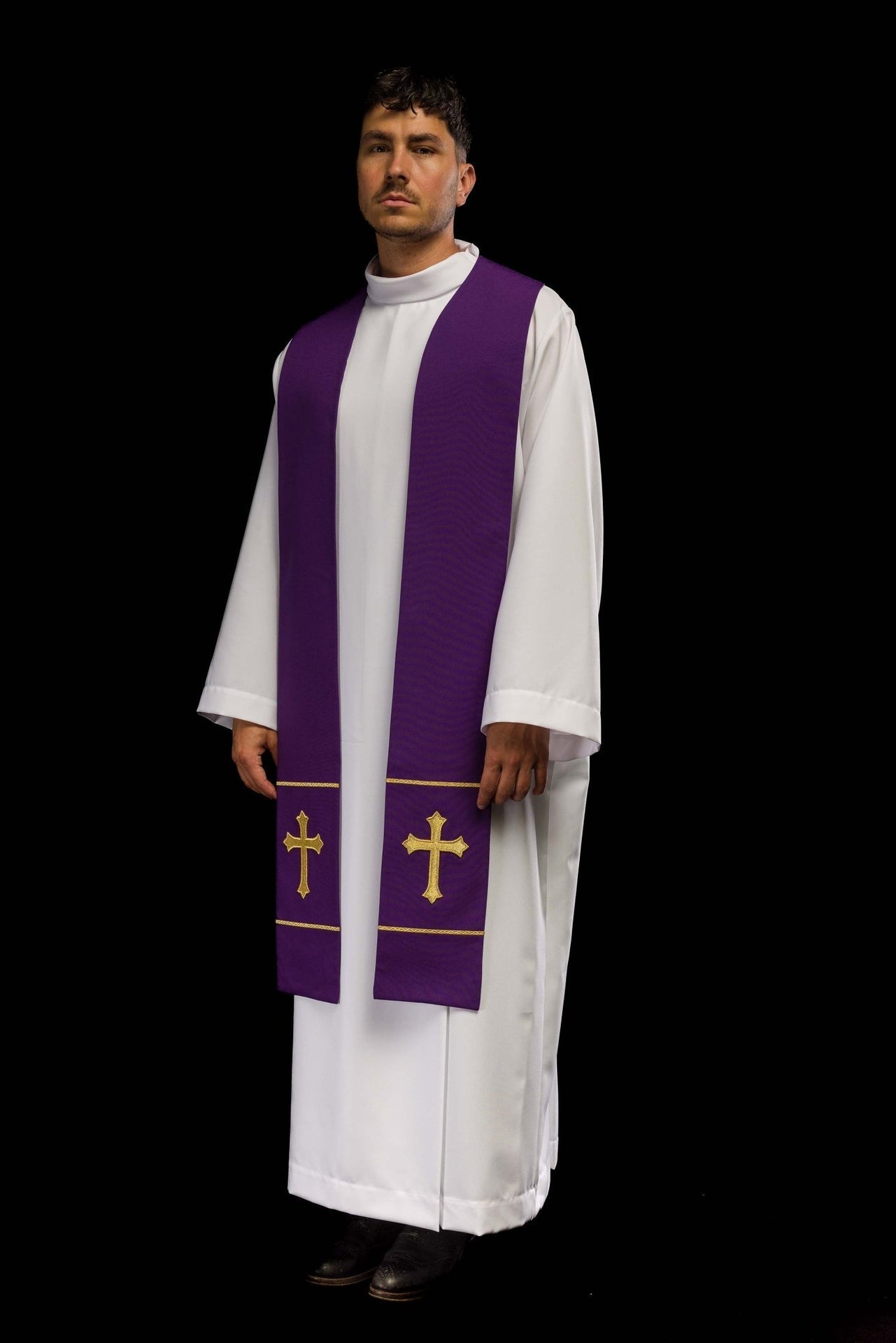 Stuła Kapłańska Fioletowa Haftowana Krzyżem - Elegancka Liturgia - alba.pl