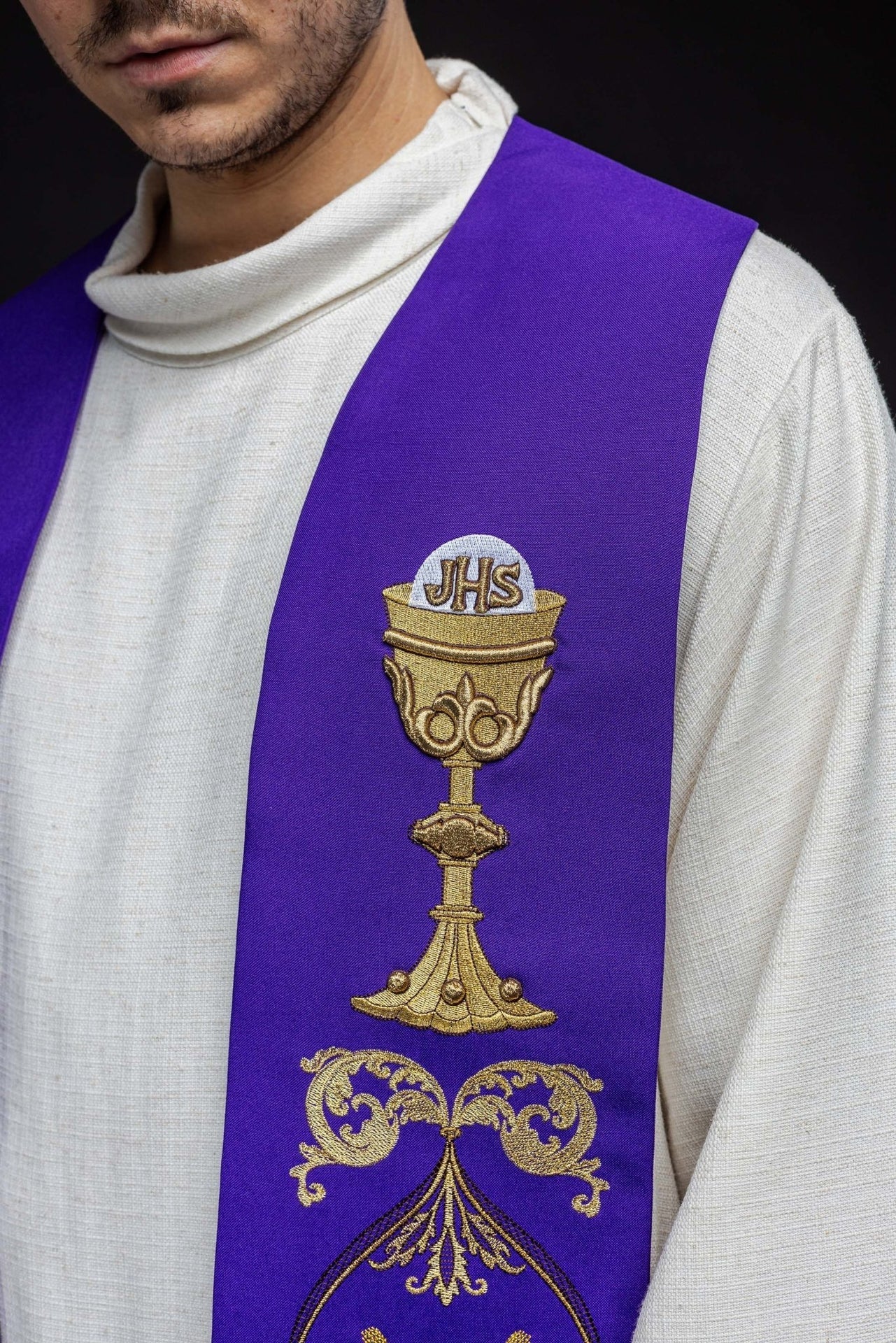 Stuła Kapłańska Fioletowa Kielich IHS - Haft Eucharystyczny - alba.pl
