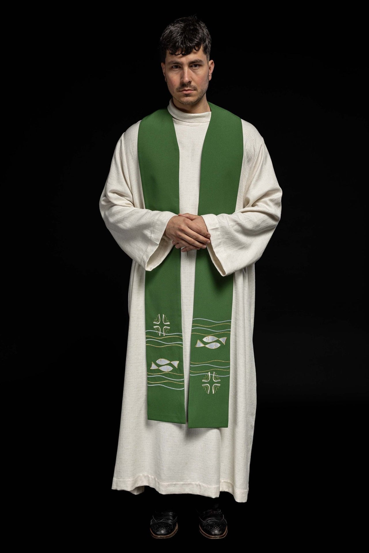 Stuła Kapłańska Zielona Haftowana Ryby - Elegancka Liturgiczna - alba.pl