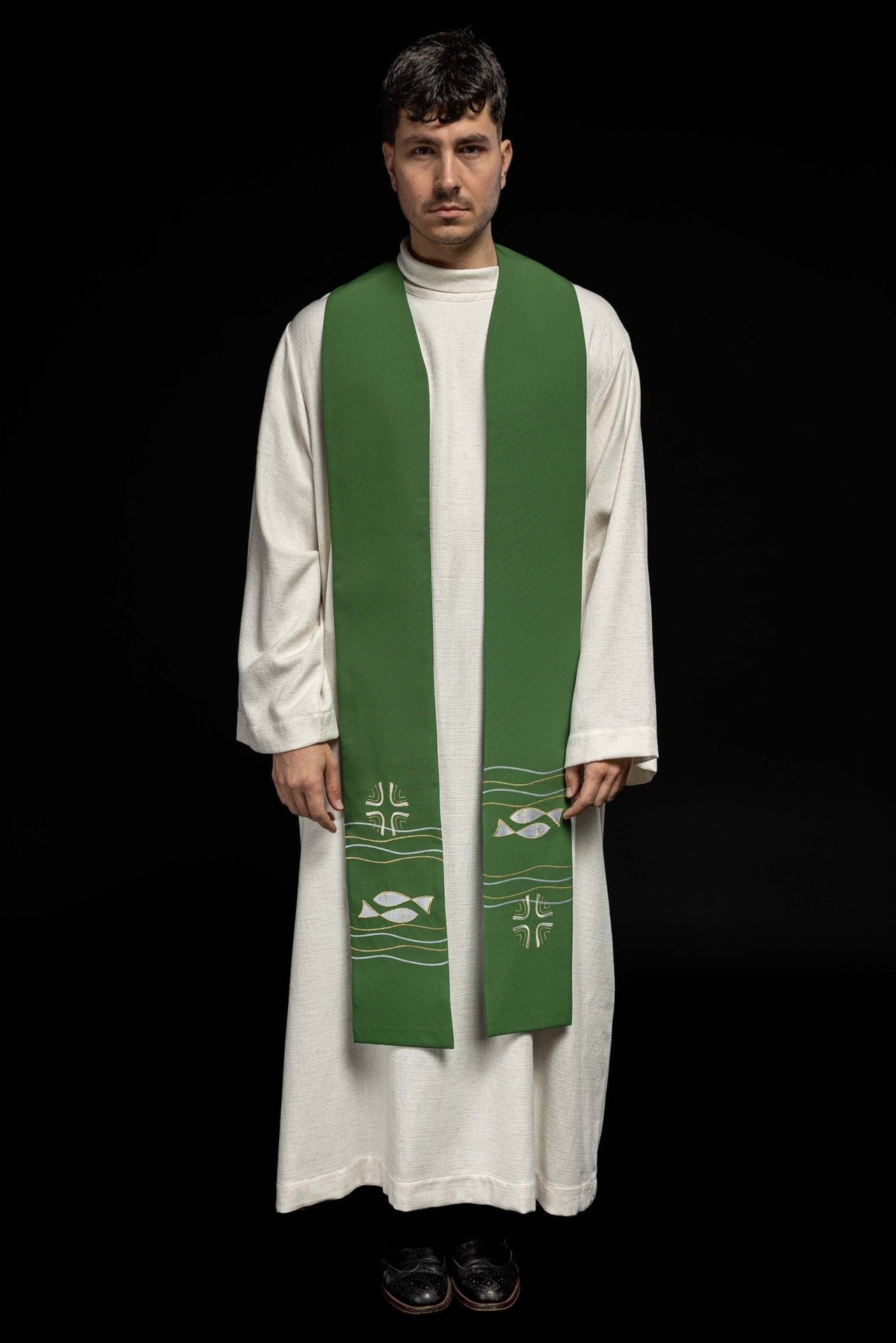 Stuła Kapłańska Zielona Haftowana Ryby - Elegancka Liturgiczna - alba.pl