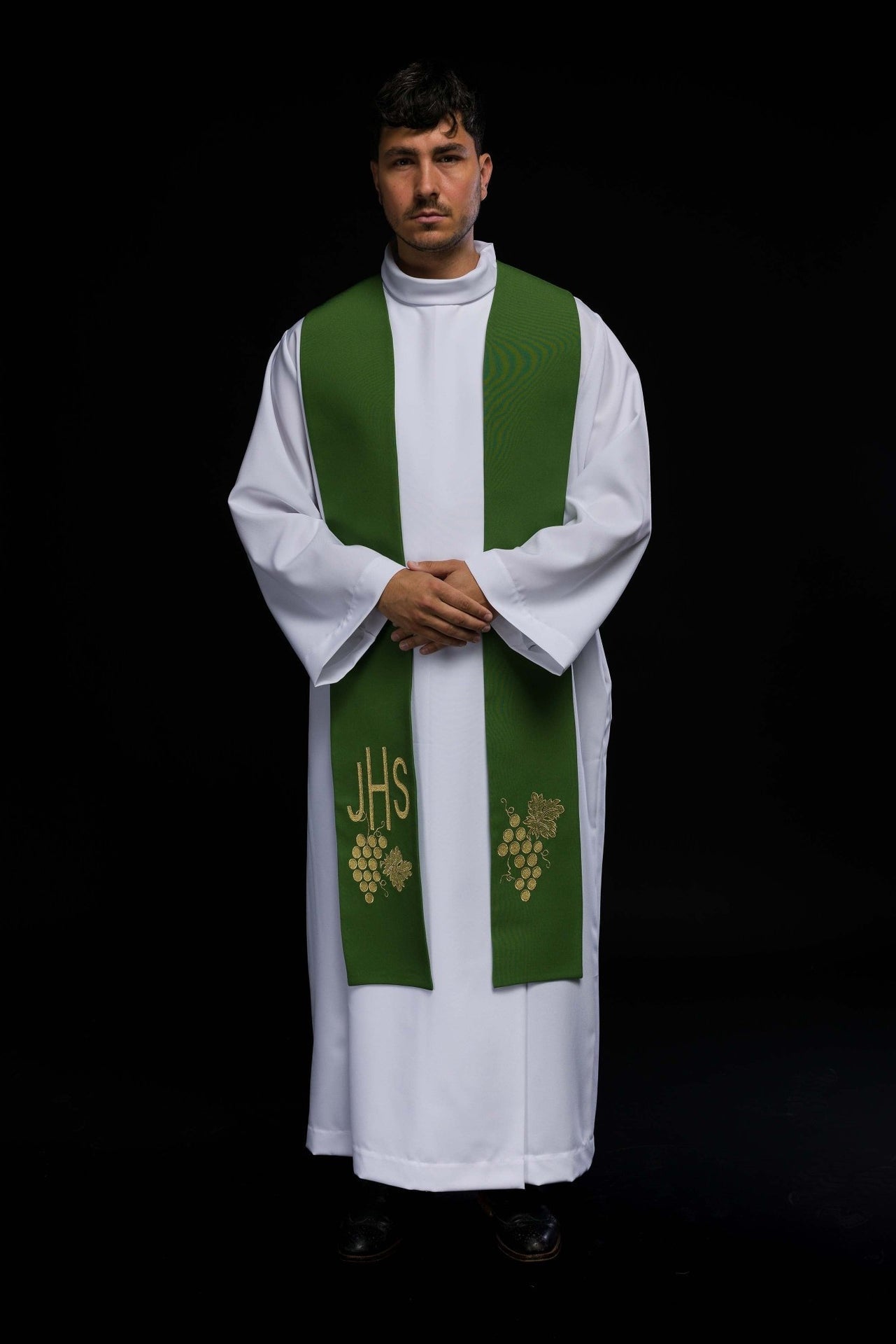 Stuła Kapłańska Zielona IHS Winogrona Haftowana - Elegancka Liturgia - alba.pl