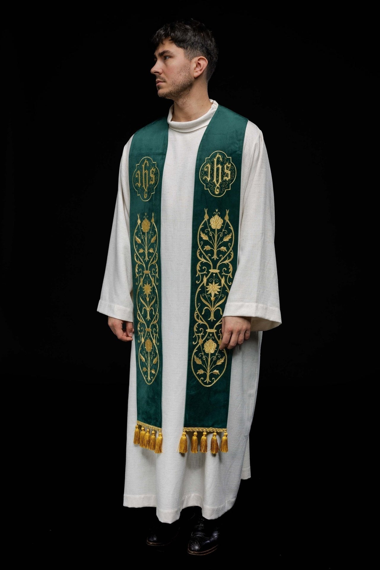 Stuła Kapłańska Zielona z Haftem IHS - Elegancka Liturgia - alba.pl