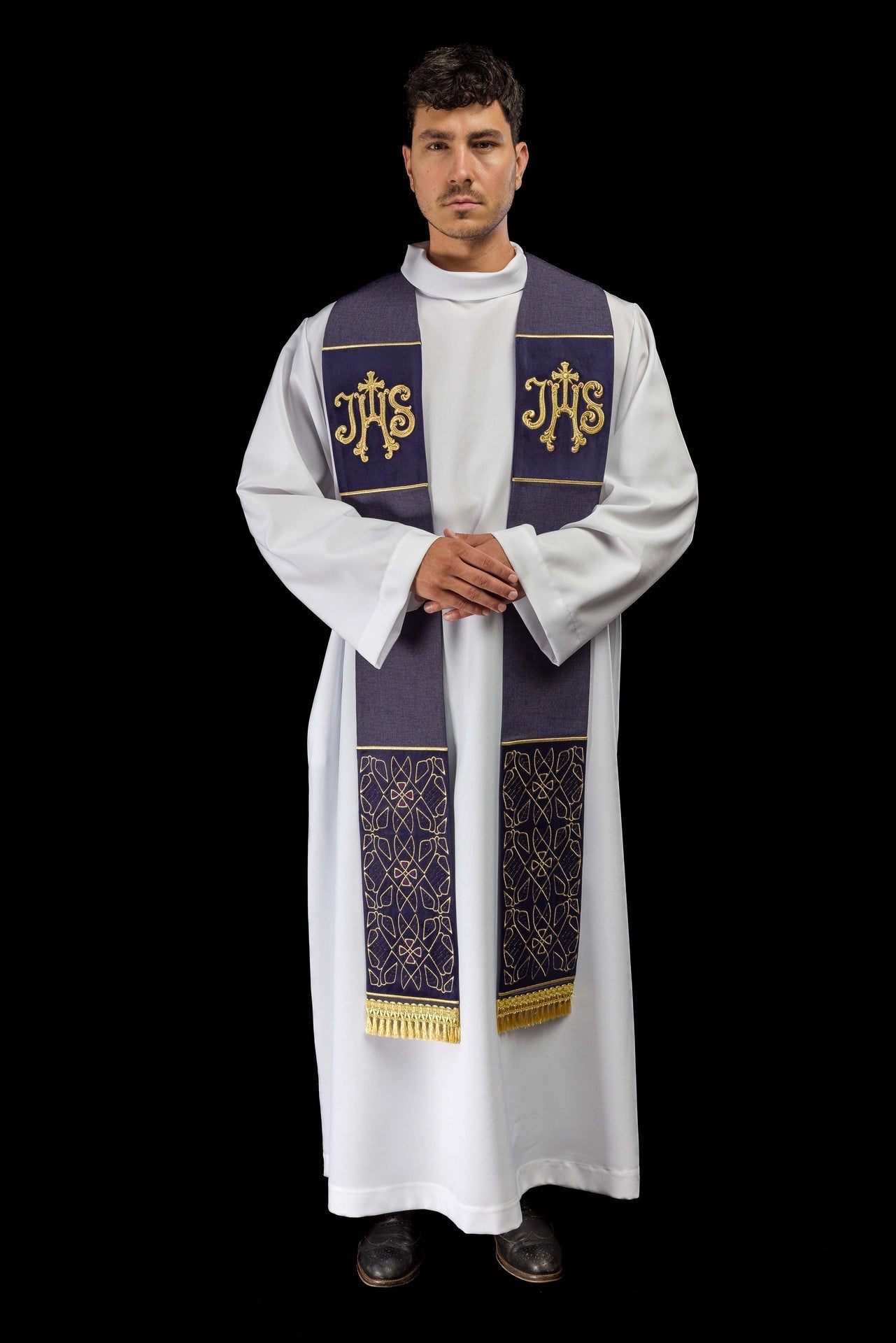 Stuła Liturgiczna Aksamitna Haft IHS Fioletowa - alba.pl