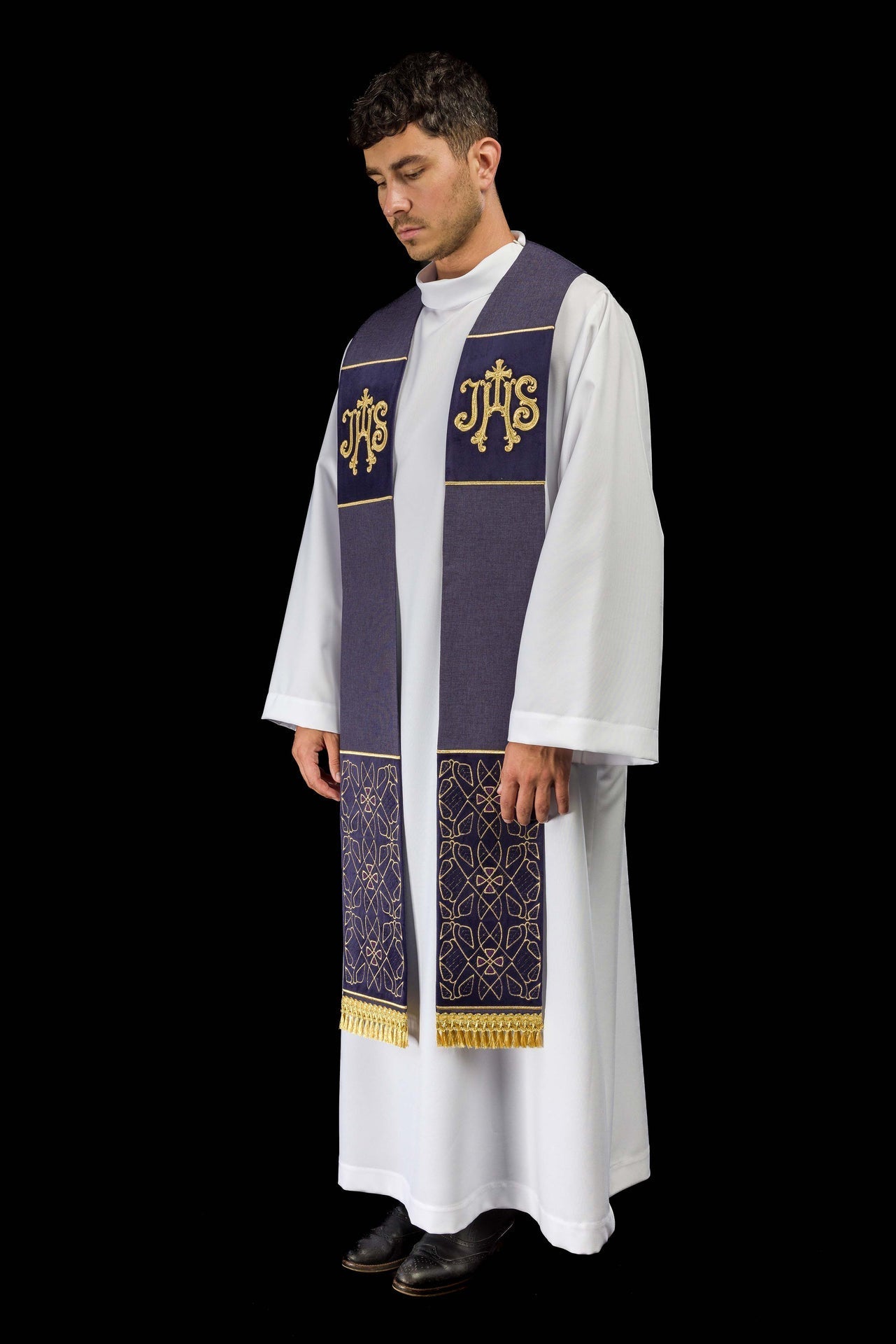 Stuła Liturgiczna Aksamitna Haft IHS Fioletowa - alba.pl