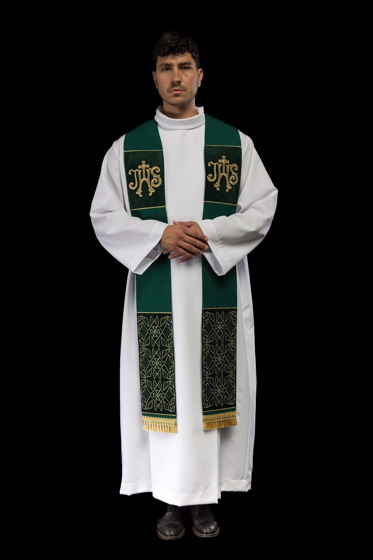 Stuła Liturgiczna Aksamitna Haft IHS Zielona w Pudełku - alba.pl