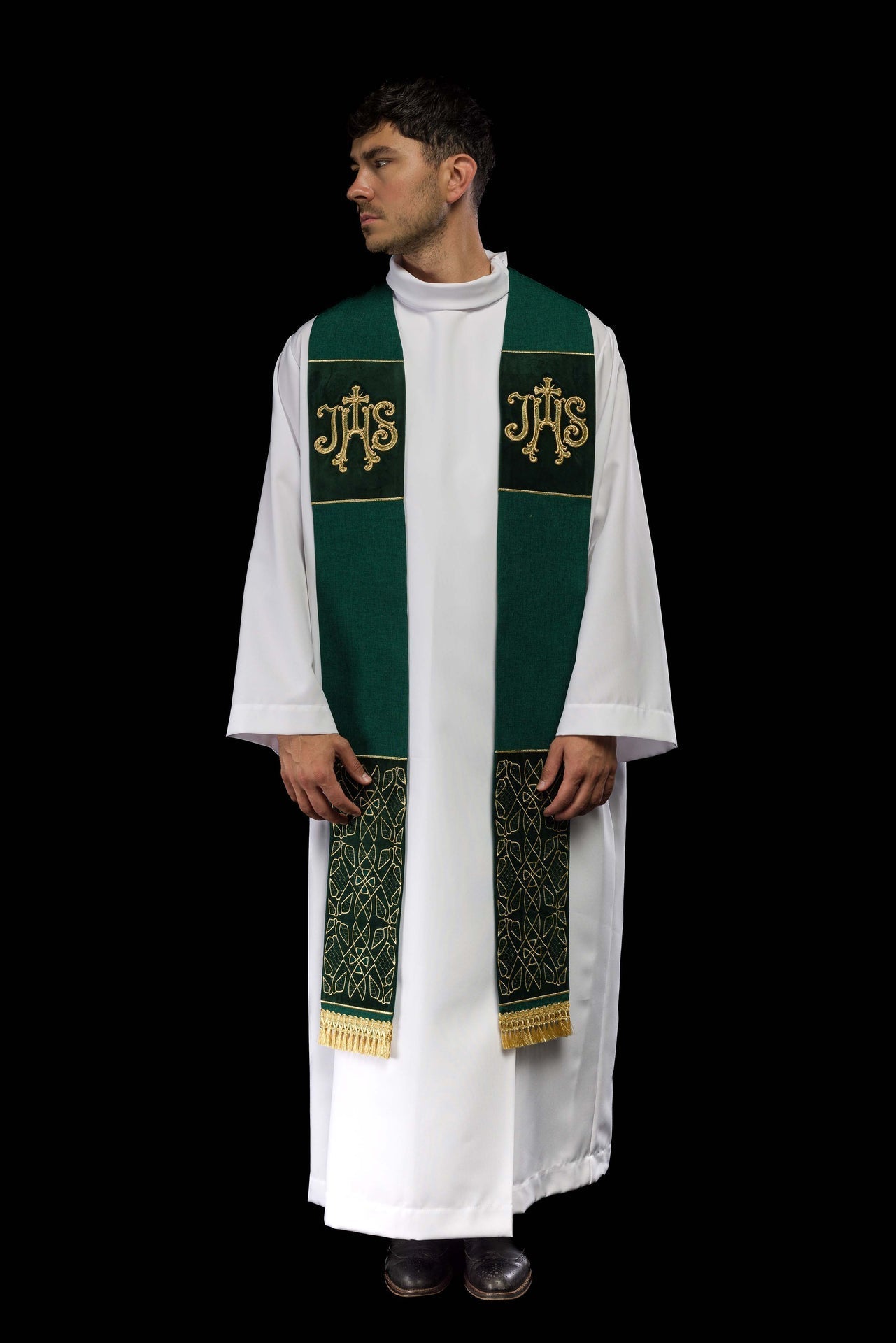 Stuła Liturgiczna Aksamitna Haft IHS Zielona w Pudełku - alba.pl
